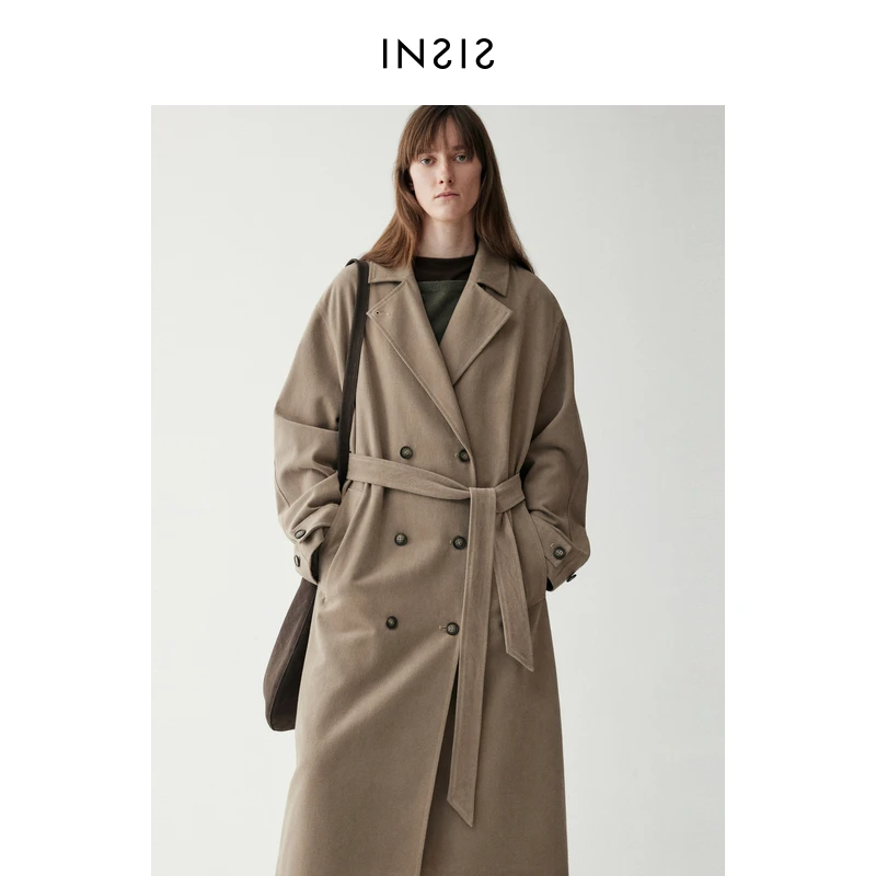 INSIS FEMME北欧休闲风复古磨毛长绒棉秋新款翻领直身长风衣外套