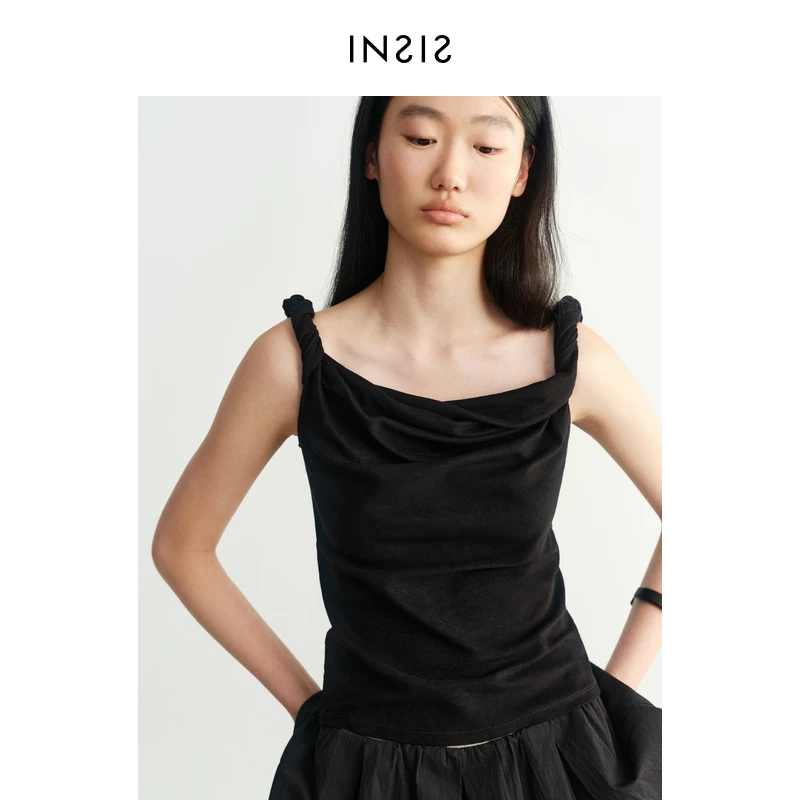 INSIS FEMME[扭结系列]圈圈棉夏新款两穿领设计扭结肩针织上衣女
