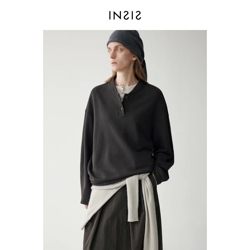 INSIS FEMME北欧休闲风圈圈长绒棉秋季新款轻运动棒球领宽松卫衣