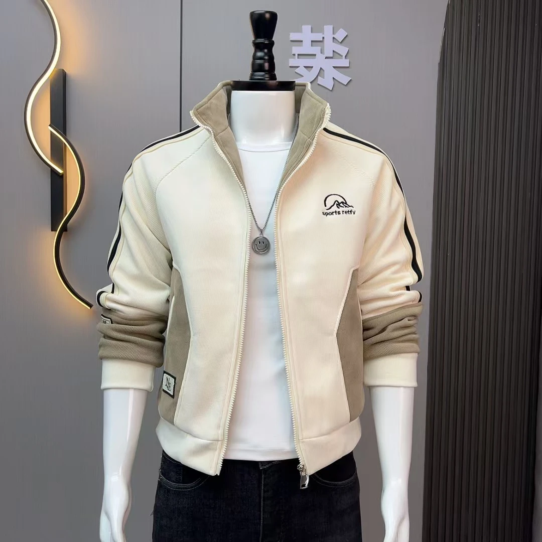 2024新款立领秋冬季男士外套时尚修身潮流帅气拼色拉链加绒夹克