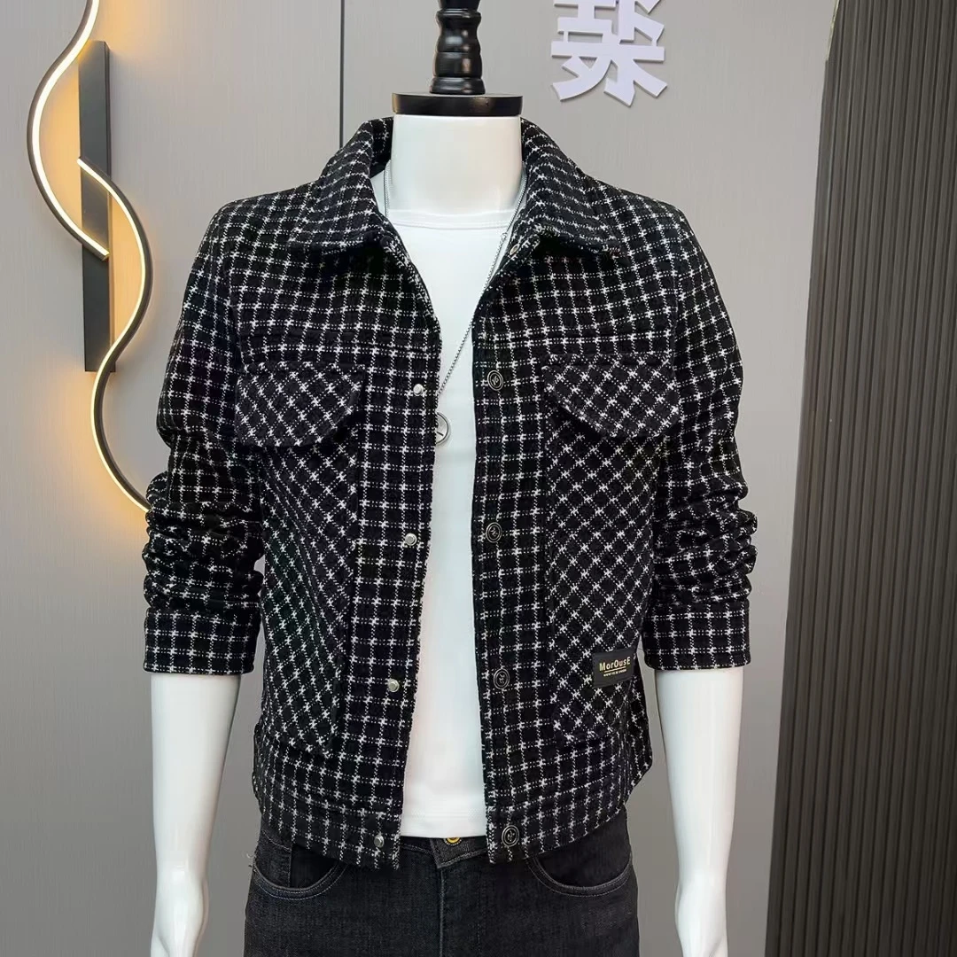 2024年新款秋冬男士外套格子小香风时尚潮流修身加厚毛尼翻领夹克