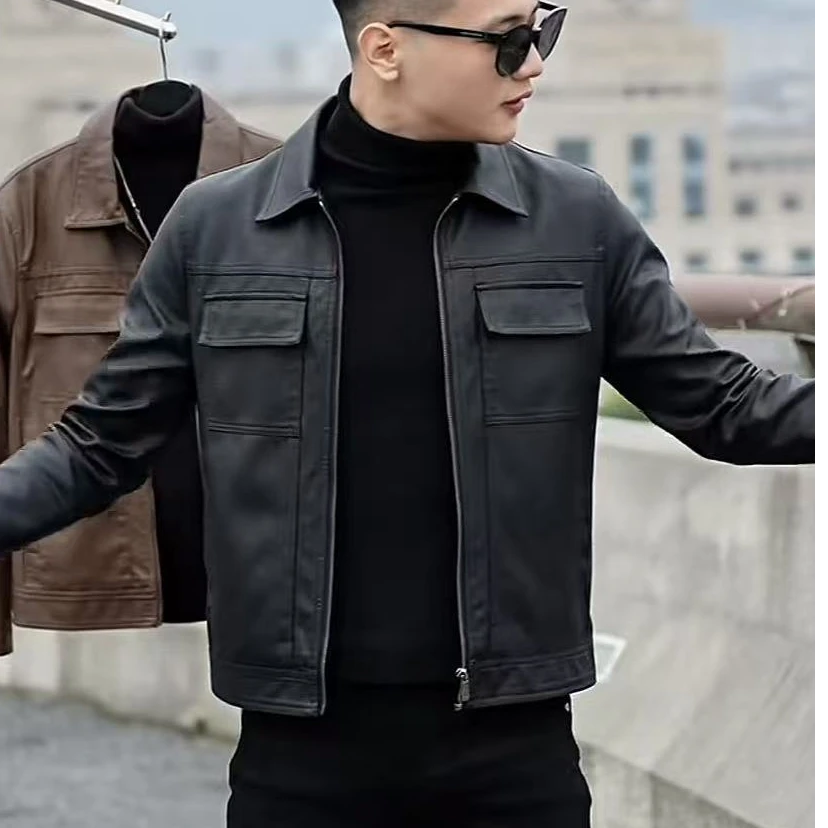 男士皮衣秋冬外套2024新时尚潮流帅气修身百搭加绒翻领短款皮夹克
