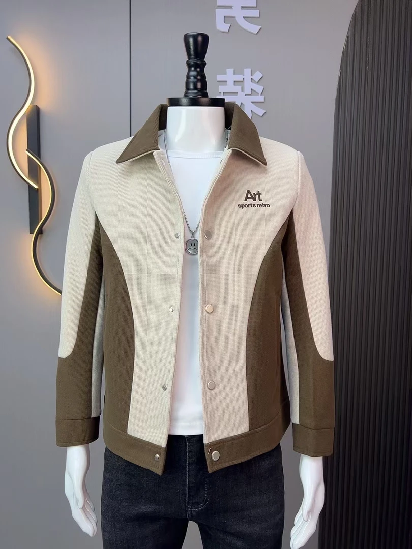 男士外套2024新款拼色翻领秋冬休闲时尚修身轻奢拼色加厚长袖夹克