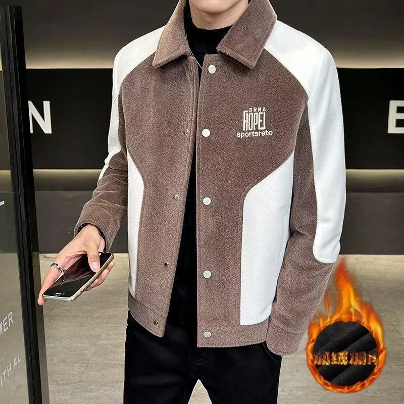 秋冬季新款翻领拼色加绒加厚仿水貂绒夹克青年修身型保暖男士外套
