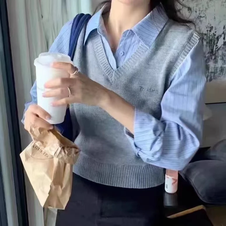 2025秋季假两件衬衫女新款时尚宽松新款针织马甲拼接休闲长袖上衣