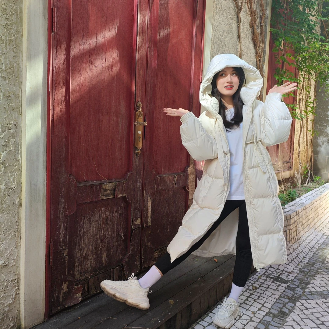 韩版时尚连帽中长款羽绒服女轻薄羽绒服女款长款过膝保暖羽绒服子