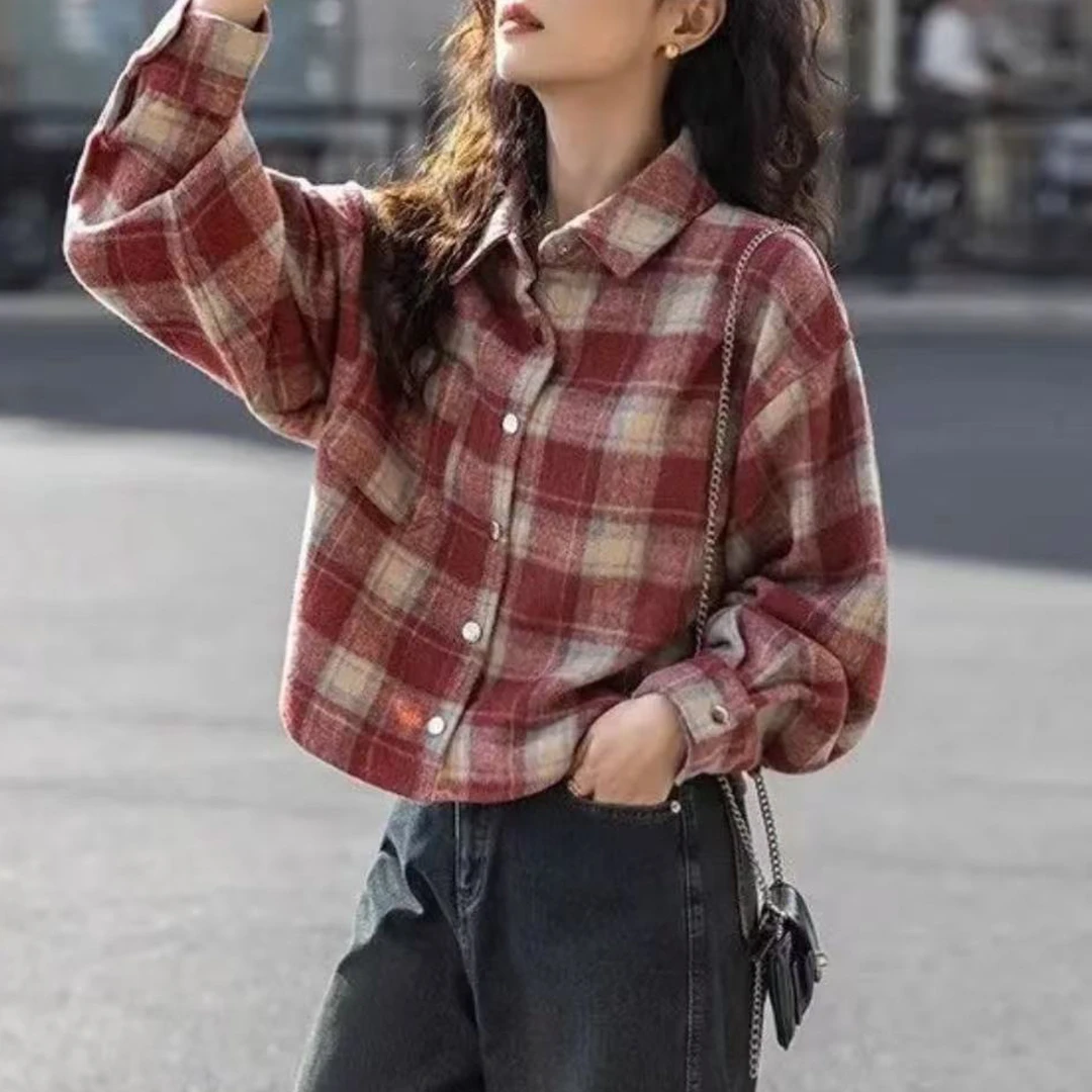 秋季新款复古磨毛格子衬衫长袖外套女百搭宽松设计感衬衣-6043