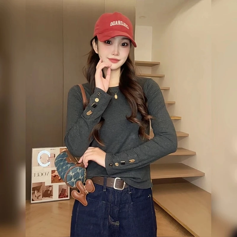 【清仓福利】2024秋季新款纯色时尚袖口装饰打底T恤上衣女-24716