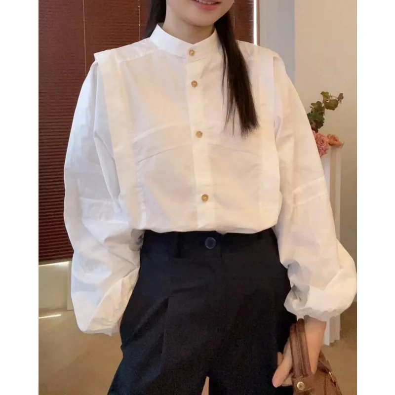 樊范儿法式复古小众设计感拼接长袖白色时尚百搭女白衬衫-6041