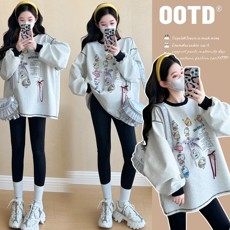 孕妇装上衣2024秋冬韩版趣味卡通T恤卫衣休闲宽松孕妇打底大码女
