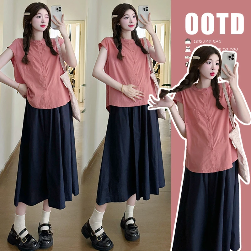孕妇装套装外出时尚洋气日系复古粉色衬衫+孕期半身裙两件套夏天