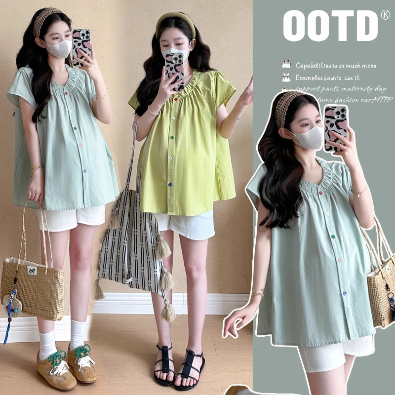 实拍现货2024孕妇韩版V领飞飞袖甜美减龄娃娃衫上衣