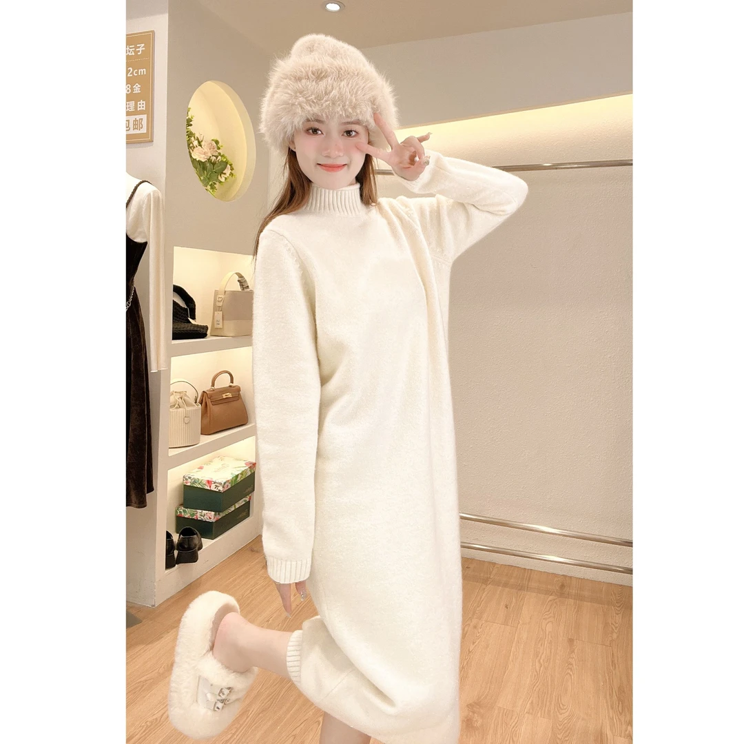 【小个子】2023秋冬新款时尚气质保暖加厚半高领长袖针织连衣裙