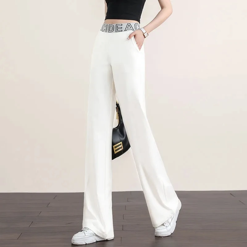 白色阔腿裤女字母松紧高腰宽腿女裤2024春秋新款垂感显瘦直筒长裤