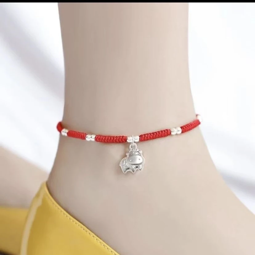非金属布艺脚链 925银十二生肖脚链手工编织红绳脚绳民族风简约款
