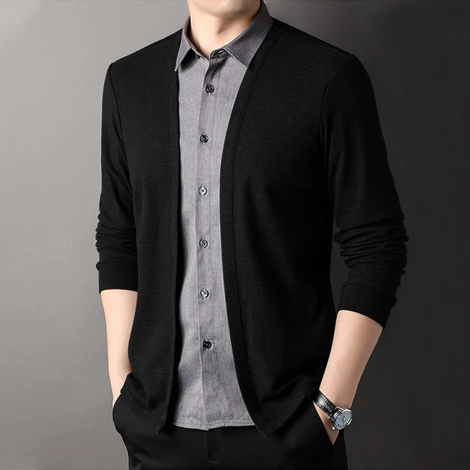 假两件衬衫领衣服男士商务休闲上衣秋冬新款开衫外套大码长袖T恤