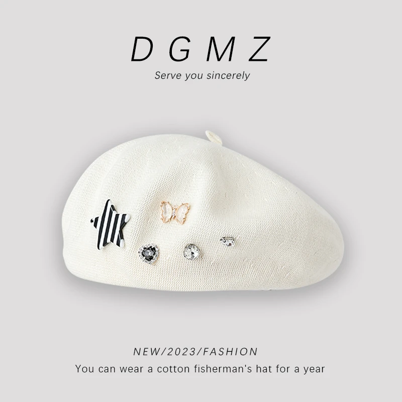 五角星贝雷帽子女韩版百搭显脸小甜美可爱蓓蕾帽针织平顶画家帽潮