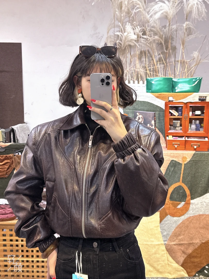 韩系夹棉复古皮外套