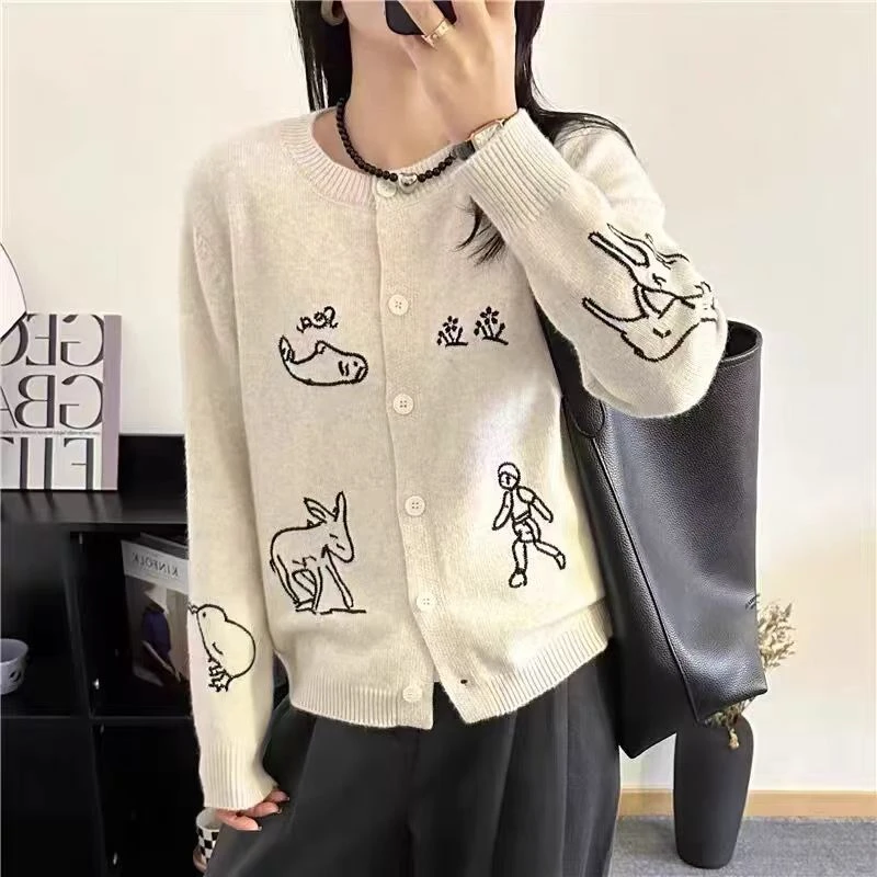 9653#冬季立领胸口小刺绣双拉链显瘦螺纹针织开衫