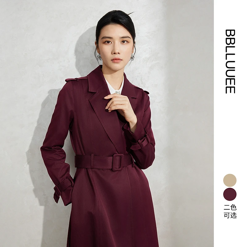 【气场翻领长风衣】 BBLLUUEE/粉蓝衣橱2025春新款摩登光感外套女