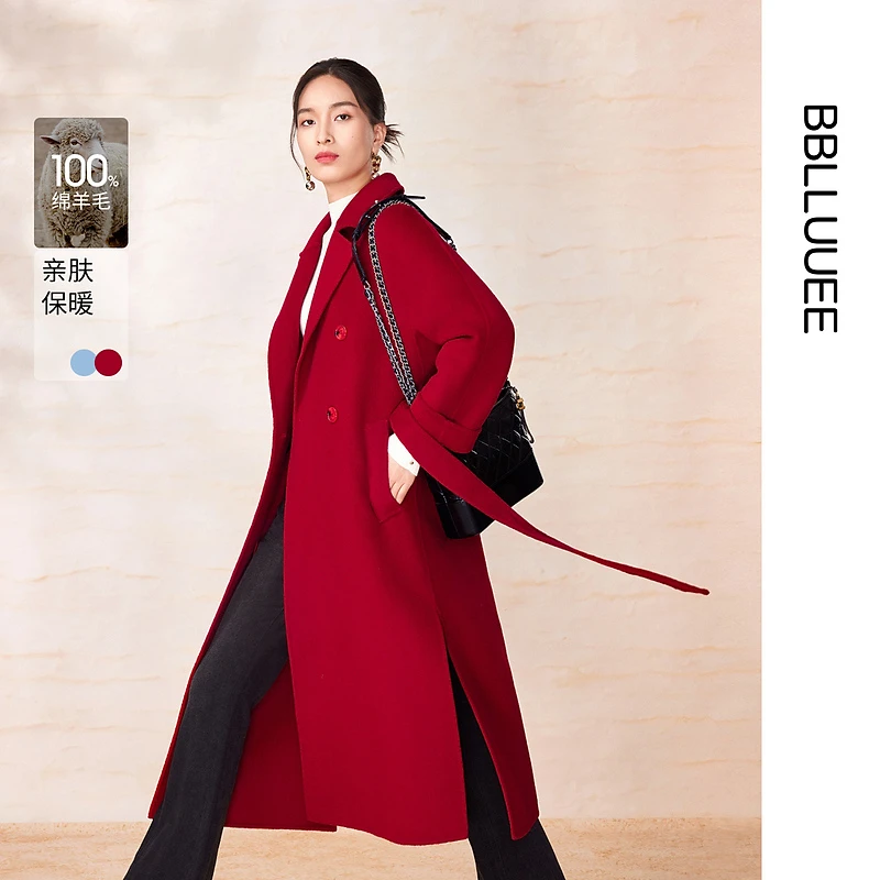【羊毛廓形大衣】BBLLUUEE粉蓝衣橱2024冬新款宽松系带红色羊毛大衣