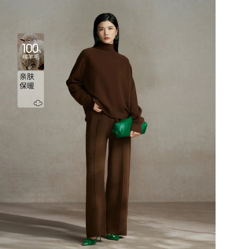 粉蓝衣橱时尚气场不规则100%绵羊毛套装女2023冬装宽松休闲两件套