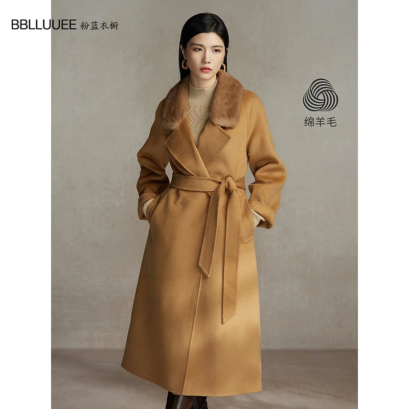 BBLLUUEE粉蓝衣橱奢华水貂毛水波纹羊毛长大衣女2023冬装羊绒外套