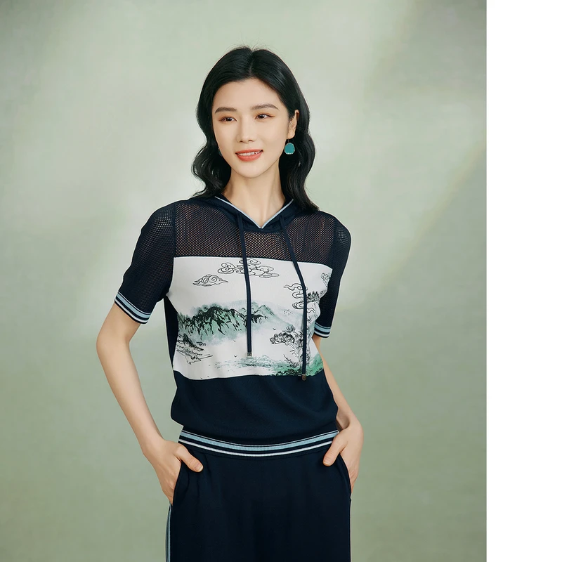 【国潮休闲套装】粉蓝衣橱连帽短袖卫衣直筒裤运动两件套女5A2T337