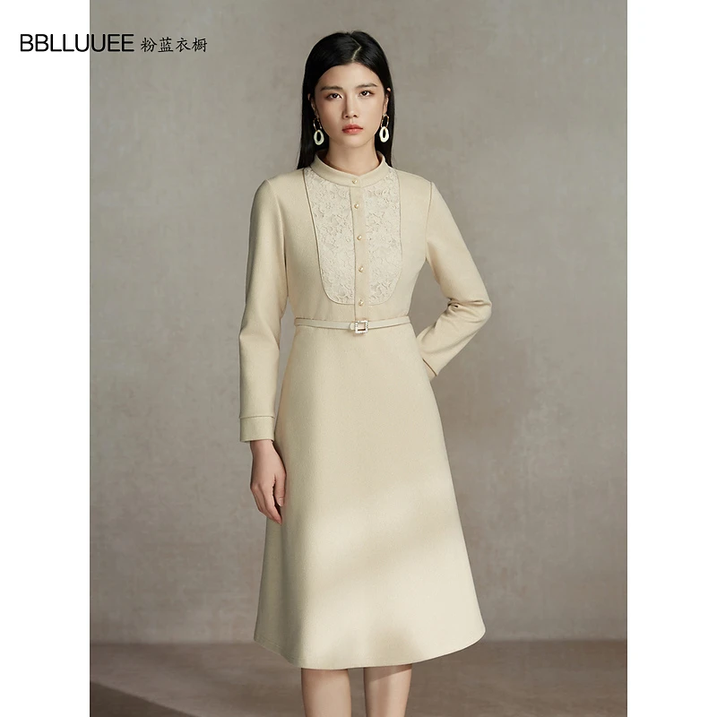 复古新中式针织连衣裙女2023秋冬新款粉蓝衣橱蕾丝针织拼接礼服裙