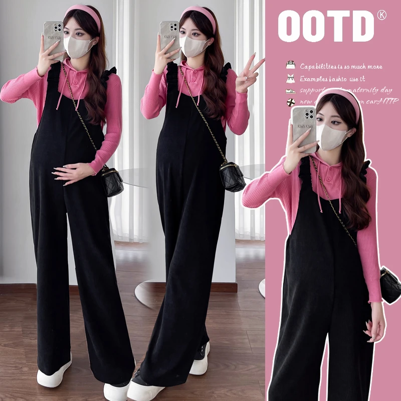 孕妇装秋冬款背带裤2024新款连帽针织长袖上衣百搭韩版裤子两件套