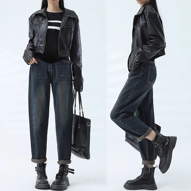 孕妇牛仔裤外穿秋冬新款时尚修身哈伦裤高腰托腹显瘦直筒孕妇长裤