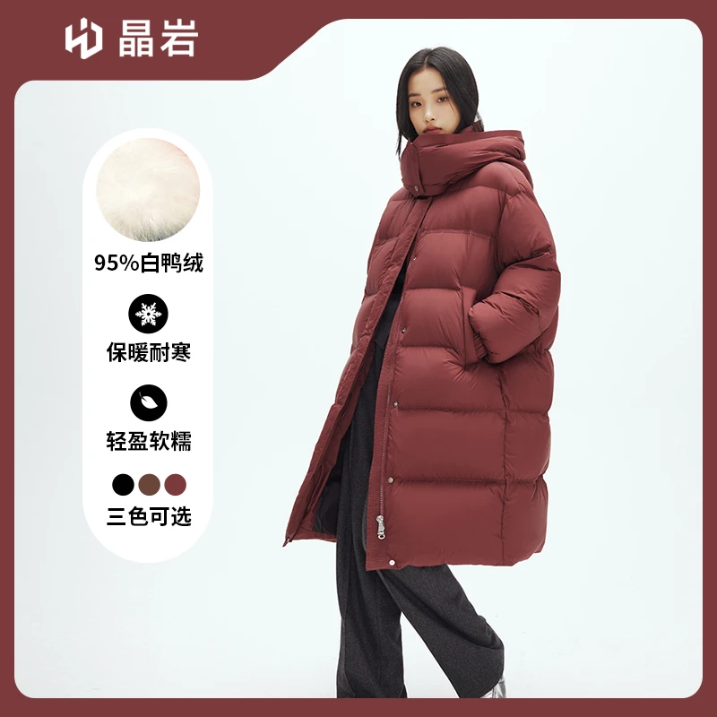 晶岩2024冬季新款女长款连帽运动鸭绒服7136