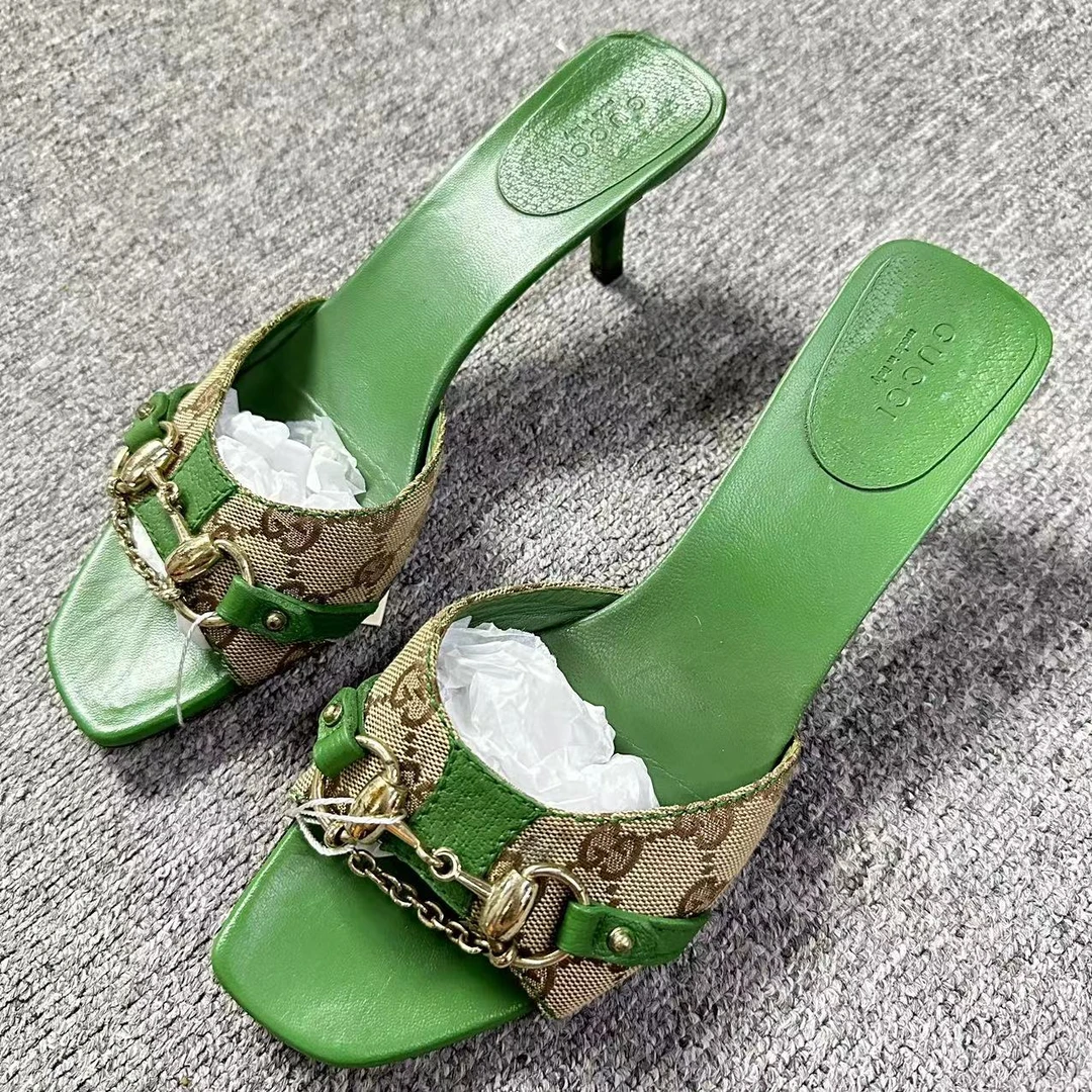 GUCCI/古驰仔仔女鞋折扣 绿色金标马衔扣鱼嘴休闲高跟半拖38码348
