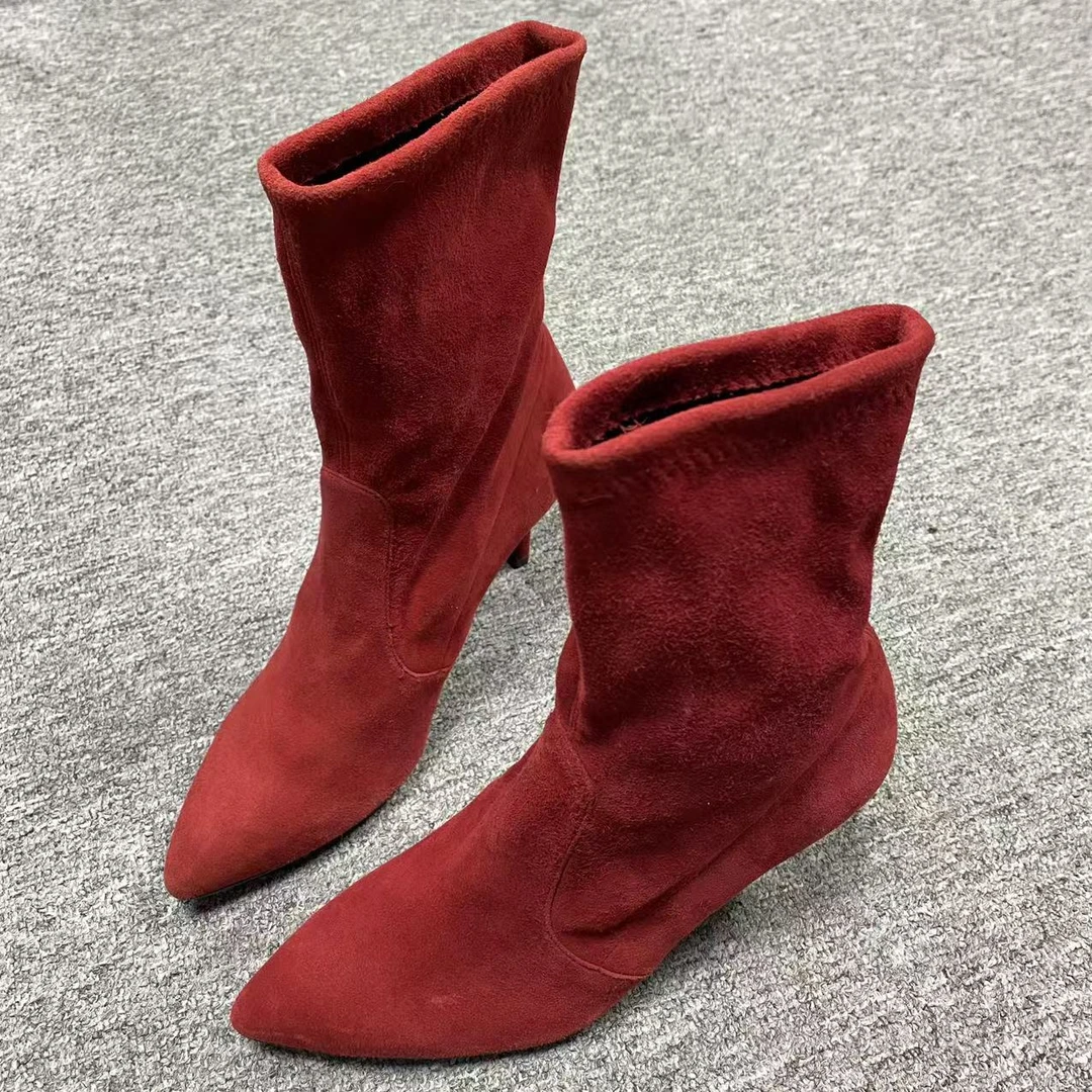 99新 StuartWeitzman 37码/仔仔女鞋 红色休闲百搭高跟短靴  1688