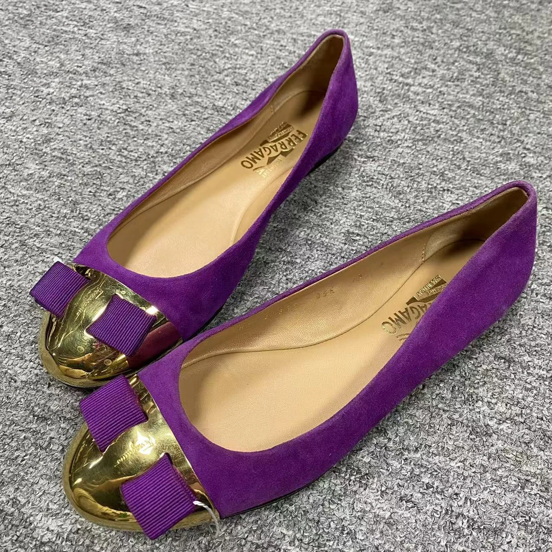 95新 FERRAGAMO/菲拉格慕 37.5码/仔仔女鞋 紫色经典平底单鞋613