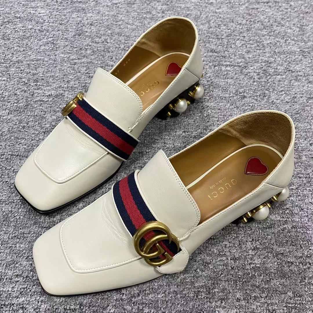 GUCCI/古驰37码/仔仔女鞋折扣 白色珍珠百搭粗跟女士乐福鞋 1655