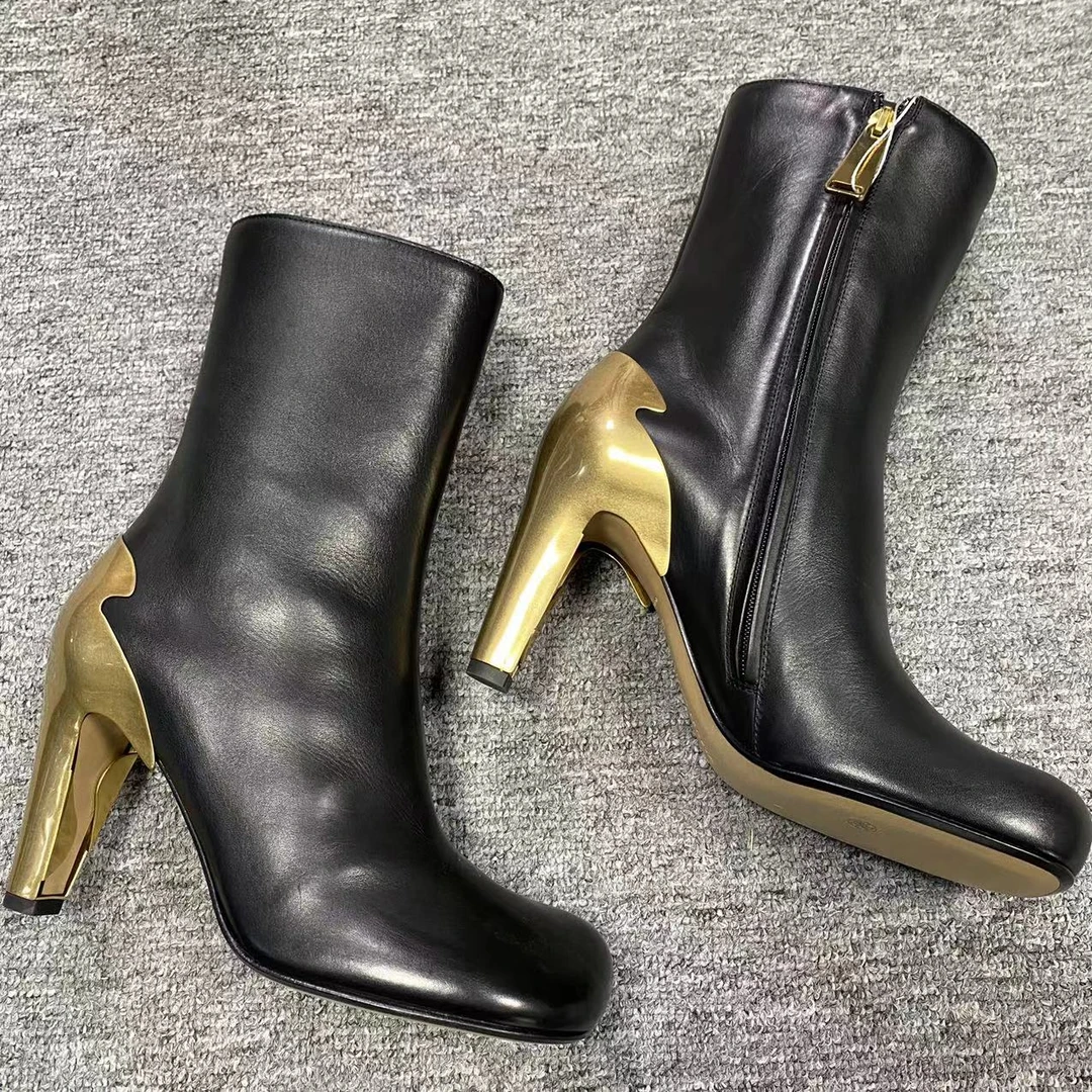 BOTTEGA VENETA/葆蝶家仔仔折扣 黑色拉链高跟中筒靴36.5码wjm352