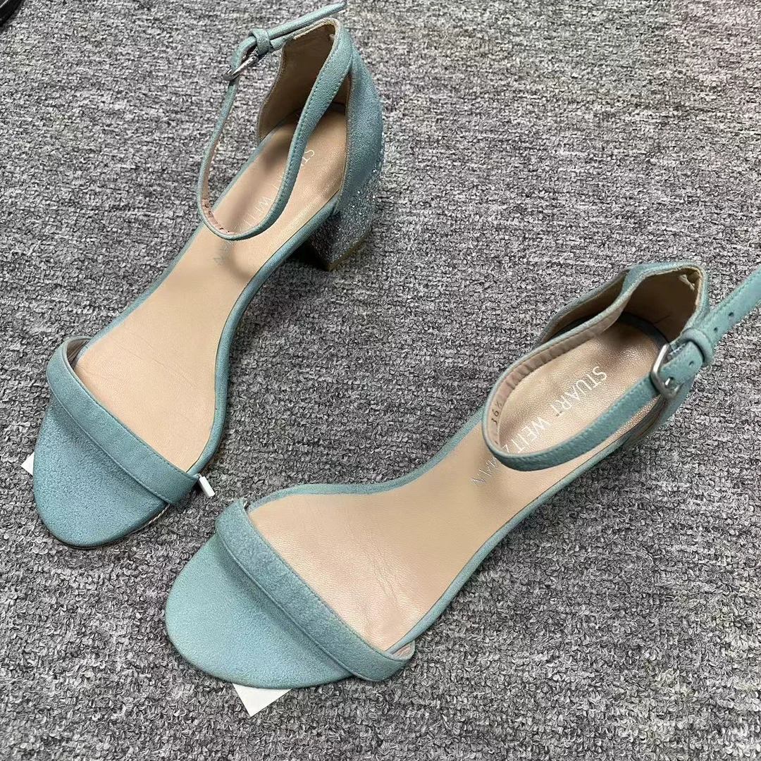 StuartWeitzman36.5码/仔仔女鞋折扣 蓝色细闪粗跟 绑带凉鞋 1481