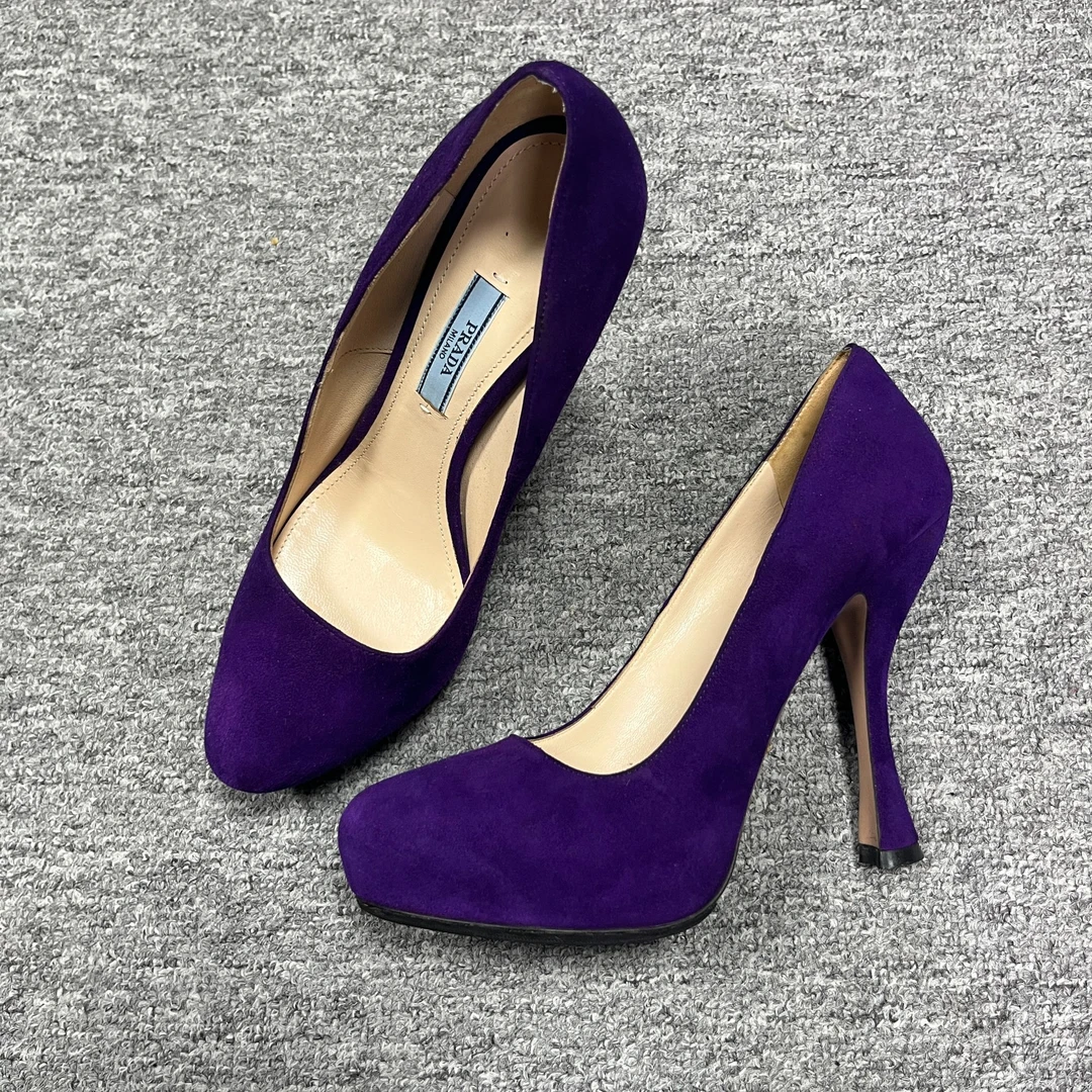 95新 Prada/普拉达 38码/仔仔女鞋紫色圆头休闲防水台高跟鞋644