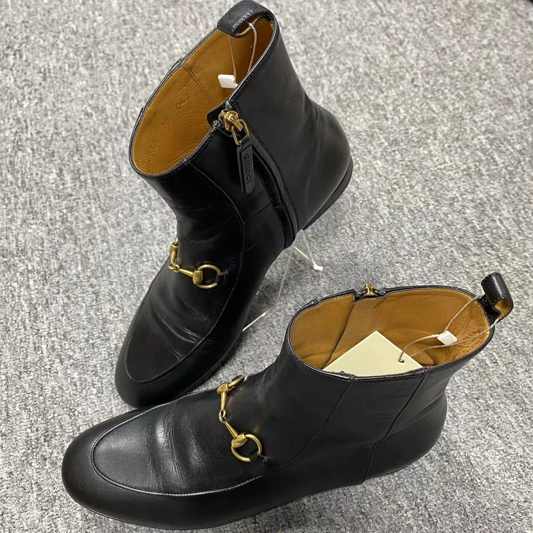 GUCCI/古驰仔仔女鞋折扣 黑色马衔扣时尚休闲中筒靴 37码 1476
