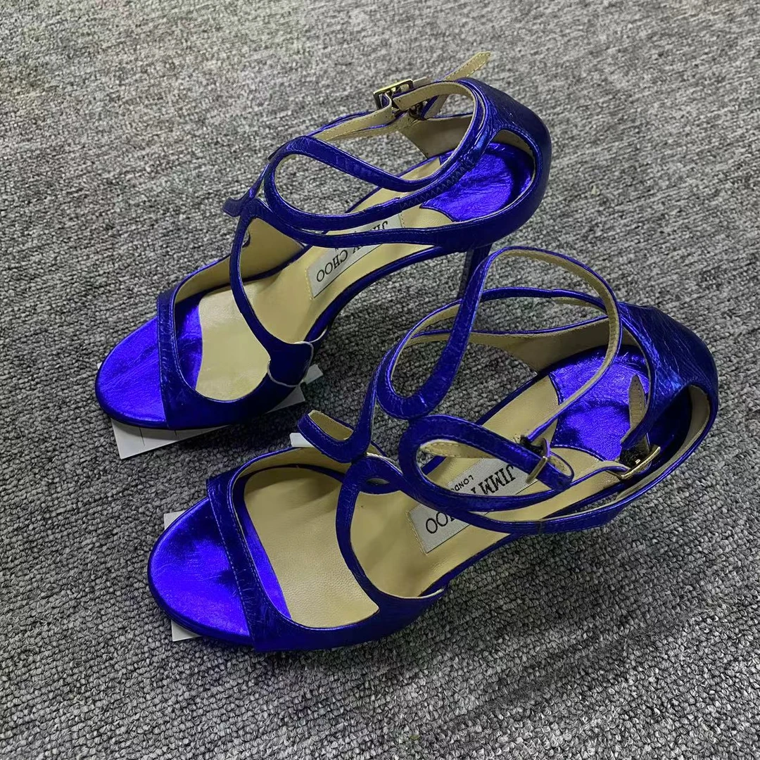 JIMMY CHOO/吉米周仔仔折扣 蓝色绑带时尚高跟凉鞋35.5码 bjm013