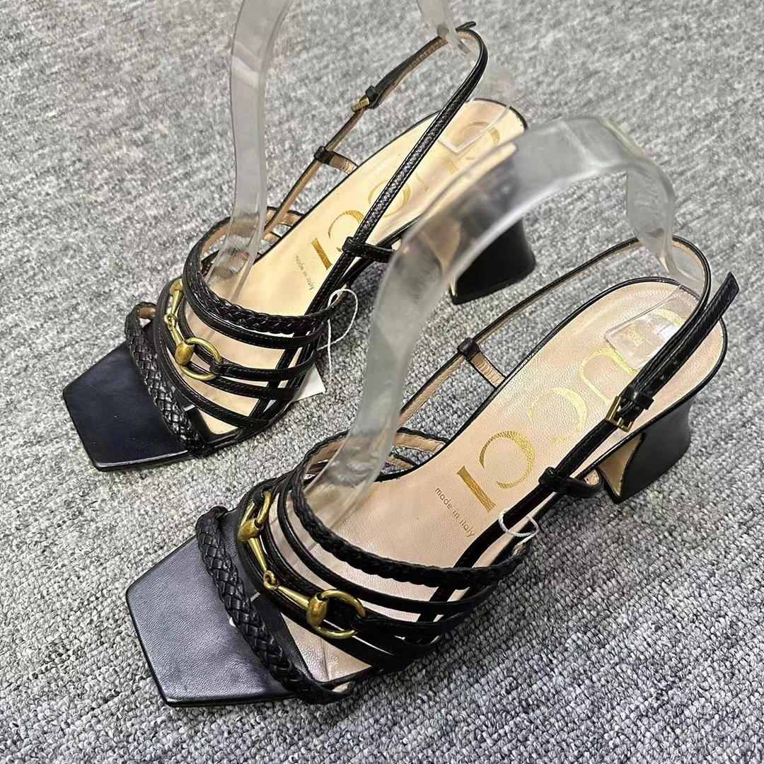 GUCCI/古驰仔仔女鞋折扣 黑色绑带金色马衔扣粗跟高跟鞋38码 1284