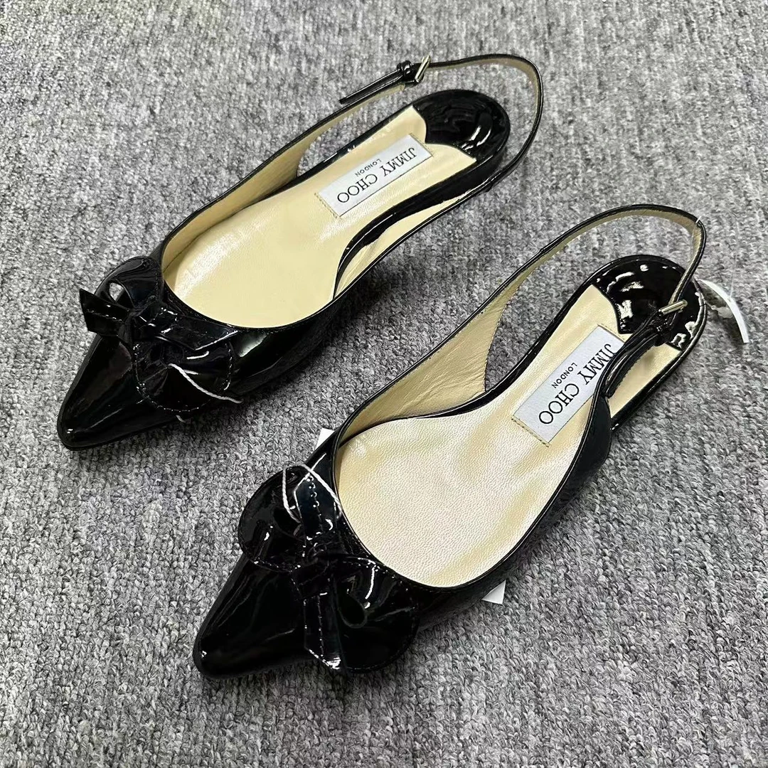 JIMMY CHOO/吉米周仔仔女鞋折扣 黑色漆皮蝴蝶结平底单鞋37码 320
