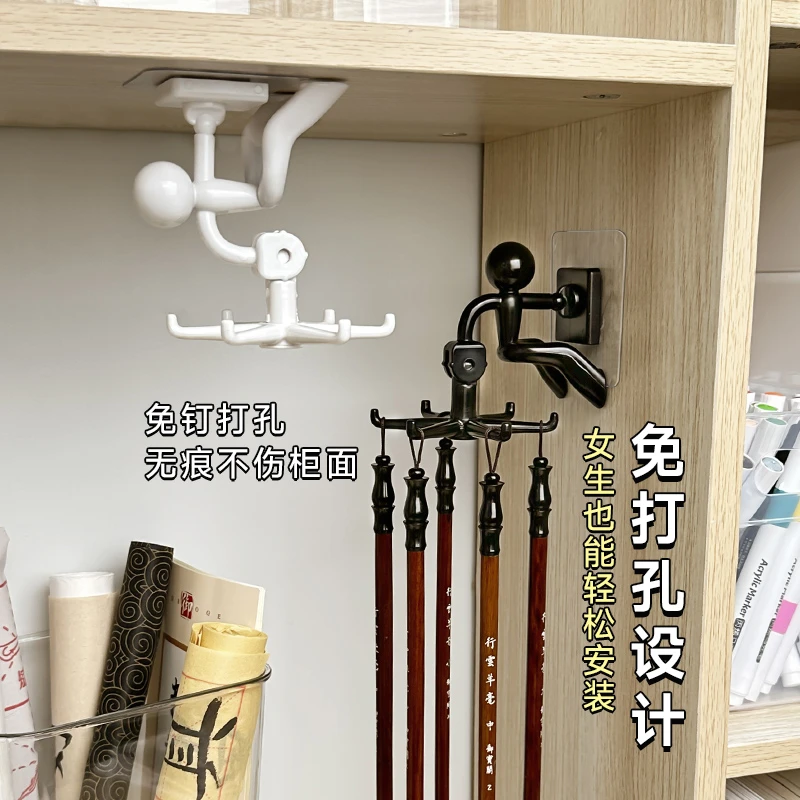 书法笔架展示架子实木文房四宝摆件免打孔壁挂钩可旋转毛笔挂架