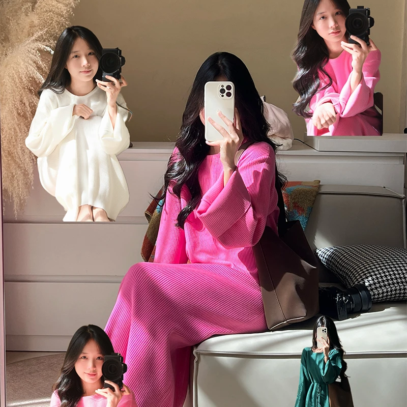 【ROUROU】布蕾少女｜甜美减龄收腰圆领针织坑条百搭连衣裙Ro-2570