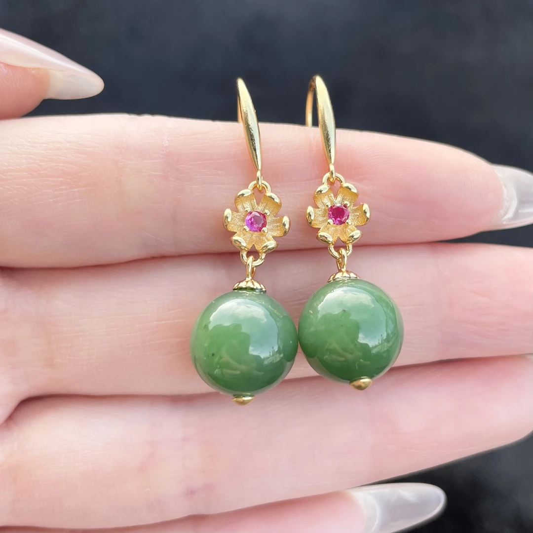 菲菲珠宝好*S925碧玉花瓣圆珠耳坠约11mm/多样性发一