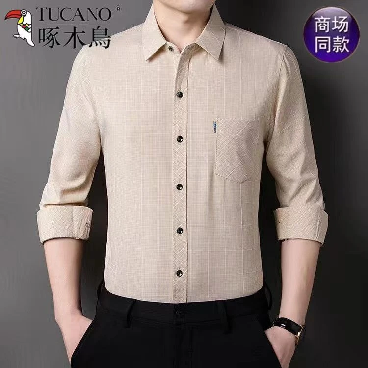 男士长袖衬衫秋季新款格子真口袋棉麻衬衣男中年洋气上衣