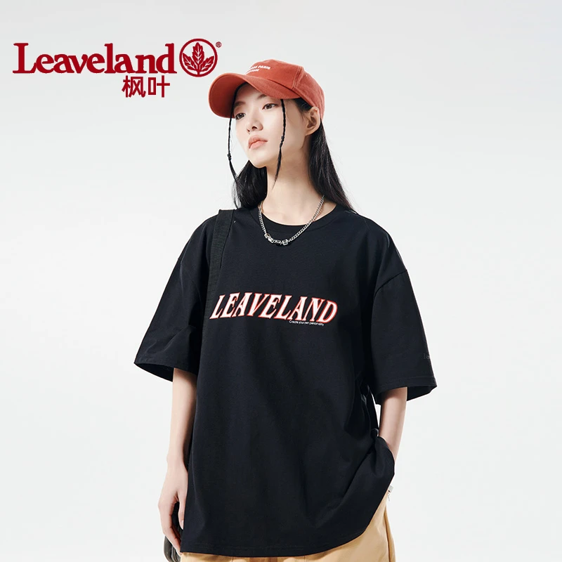 Leaveland/枫叶夏季新款  印花纯棉休闲T恤圆领 纯色情侣短袖上衣