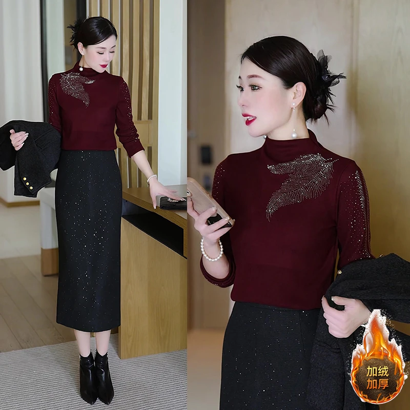 打底衫女新款春秋冬时尚洋气保暖烫钻上衣遮肚子半高领加绒小衫