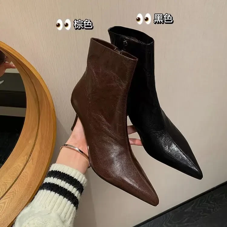 尖头细跟高跟短靴长筒靴2024秋冬新款软皮时尚百搭职业气质弹力靴